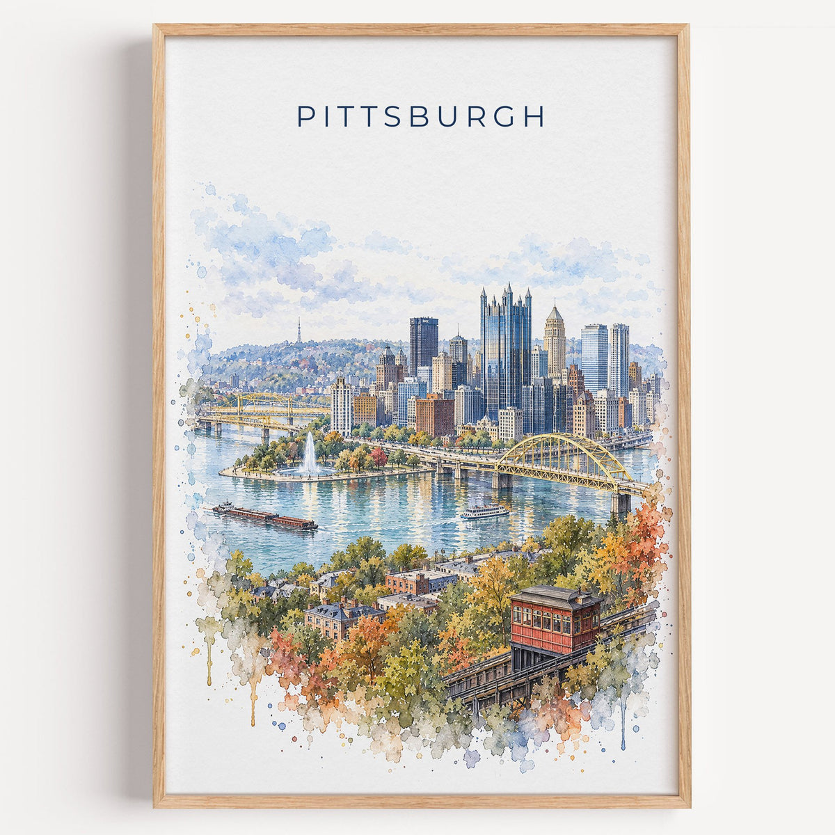 Pittsburgh watercolor print in a light oak frame on a plain white wall
