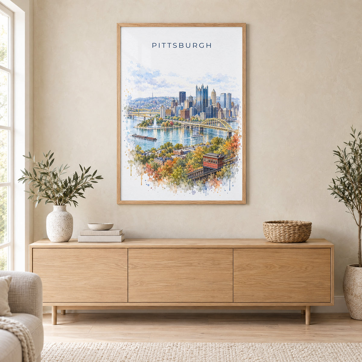Pittsburgh watercolor print in an oak frame above a light wood sideboard in a Scandinavian living room