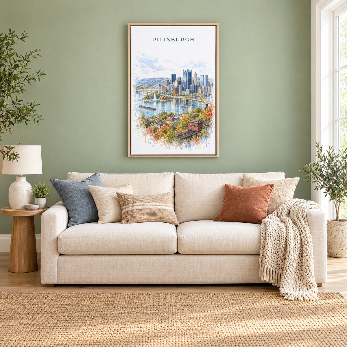 Pittsburgh watercolor print as a natural floater canvas above a cream linen sofa on a sage green wall
