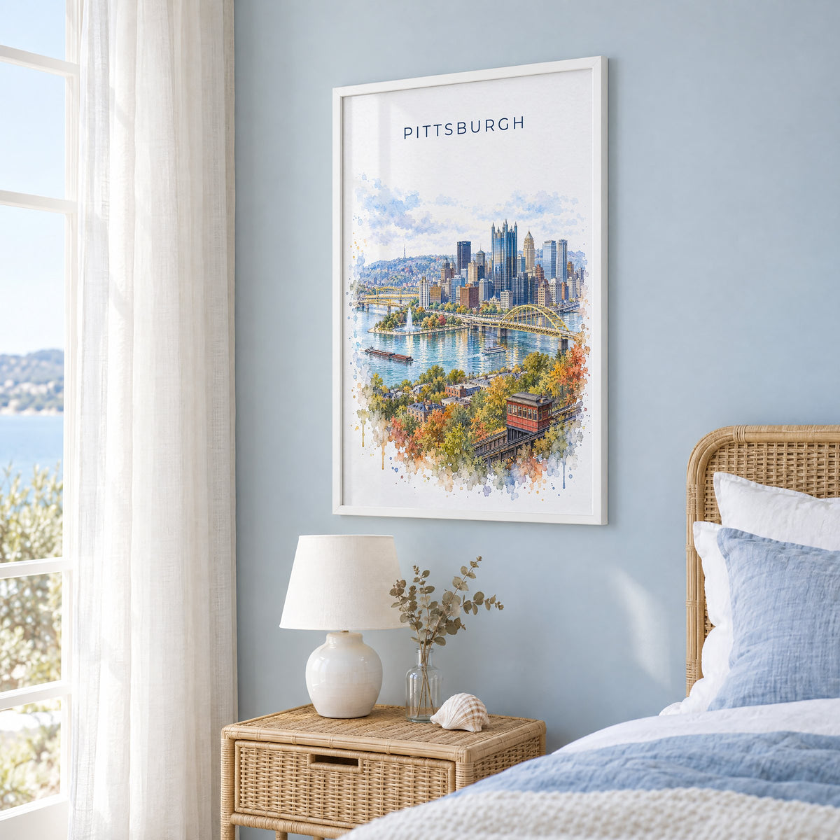 Pittsburgh watercolor print in a white frame on a pale blue wall beside a rattan bed in a coastal bedroom