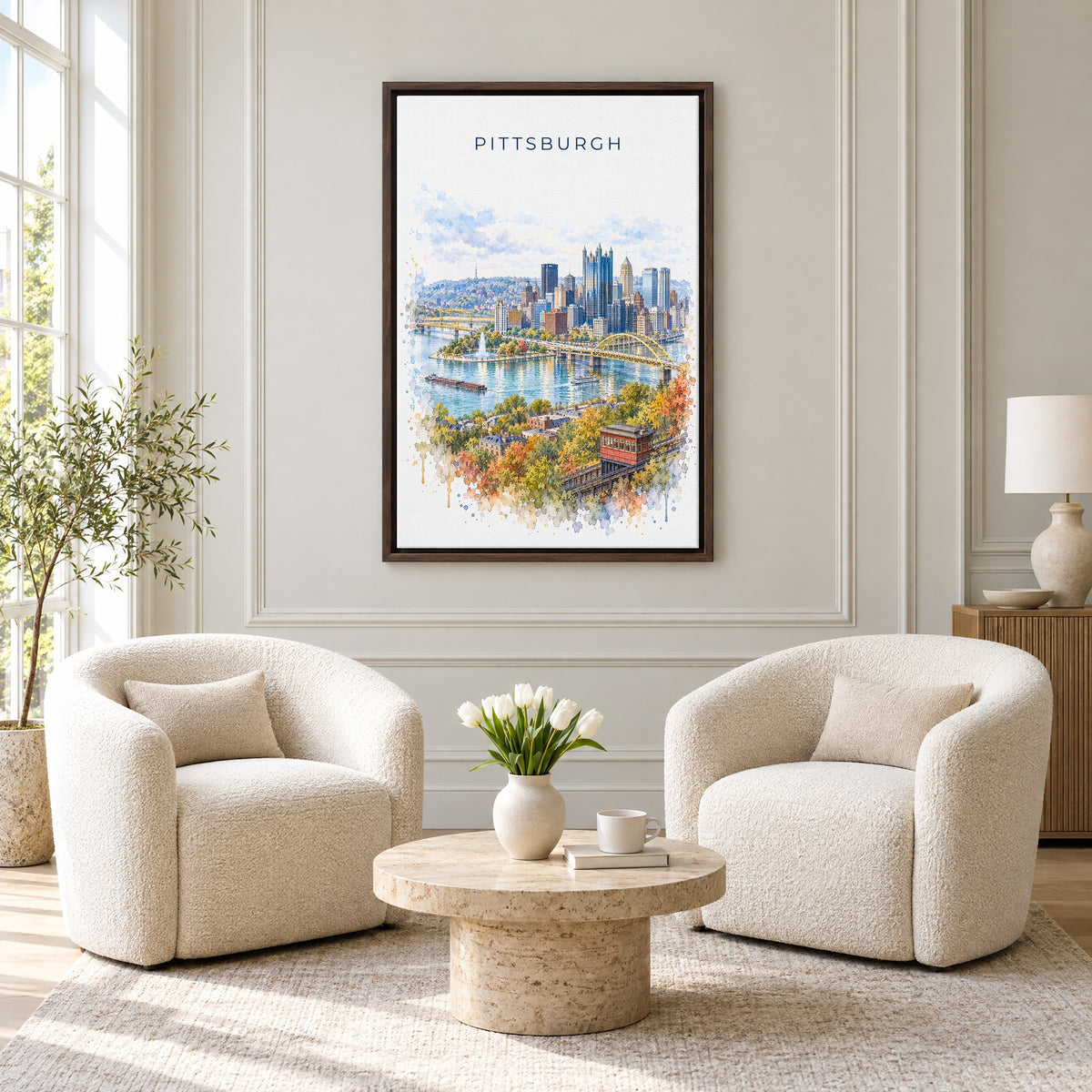 Pittsburgh watercolor print as an espresso floater canvas above two boucle armchairs in a hotel lounge