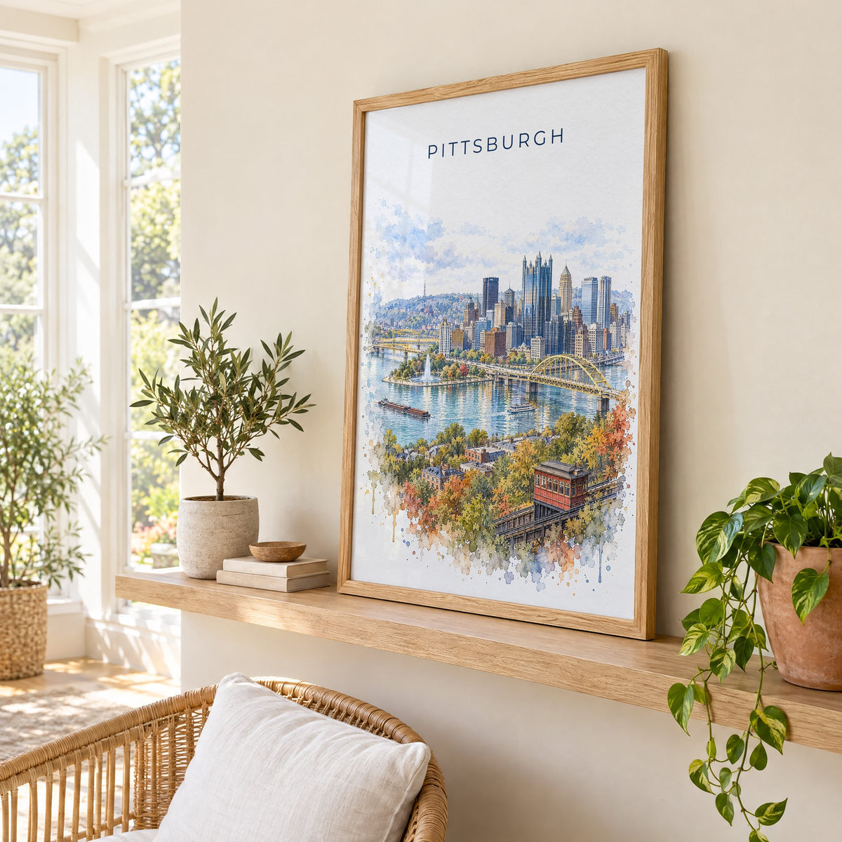 Pittsburgh watercolor print in an oak frame on a picture ledge in a sunlit sunroom