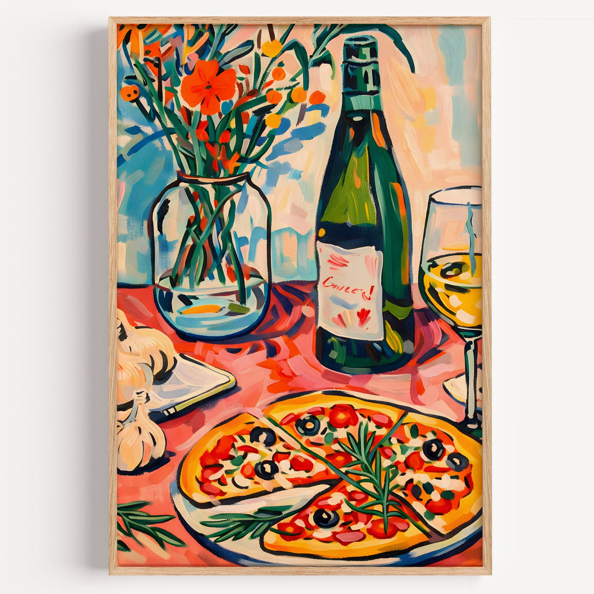 Pizza and champagne print in a light oak frame on a plain white wall