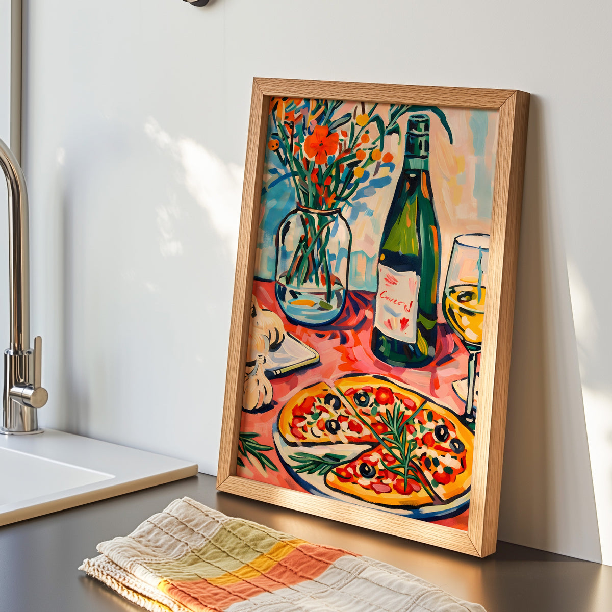 Pizza and champagne print in an oak frame by the sink with a striped tea towel