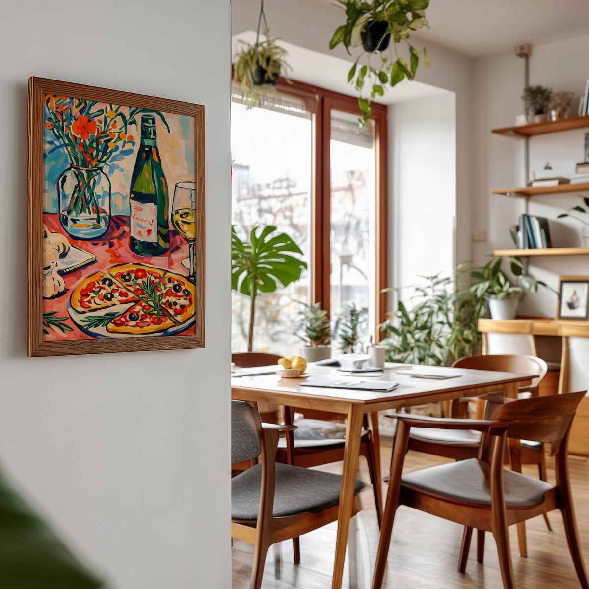 Pizza and champagne print in a walnut frame beside a mid-century dining table