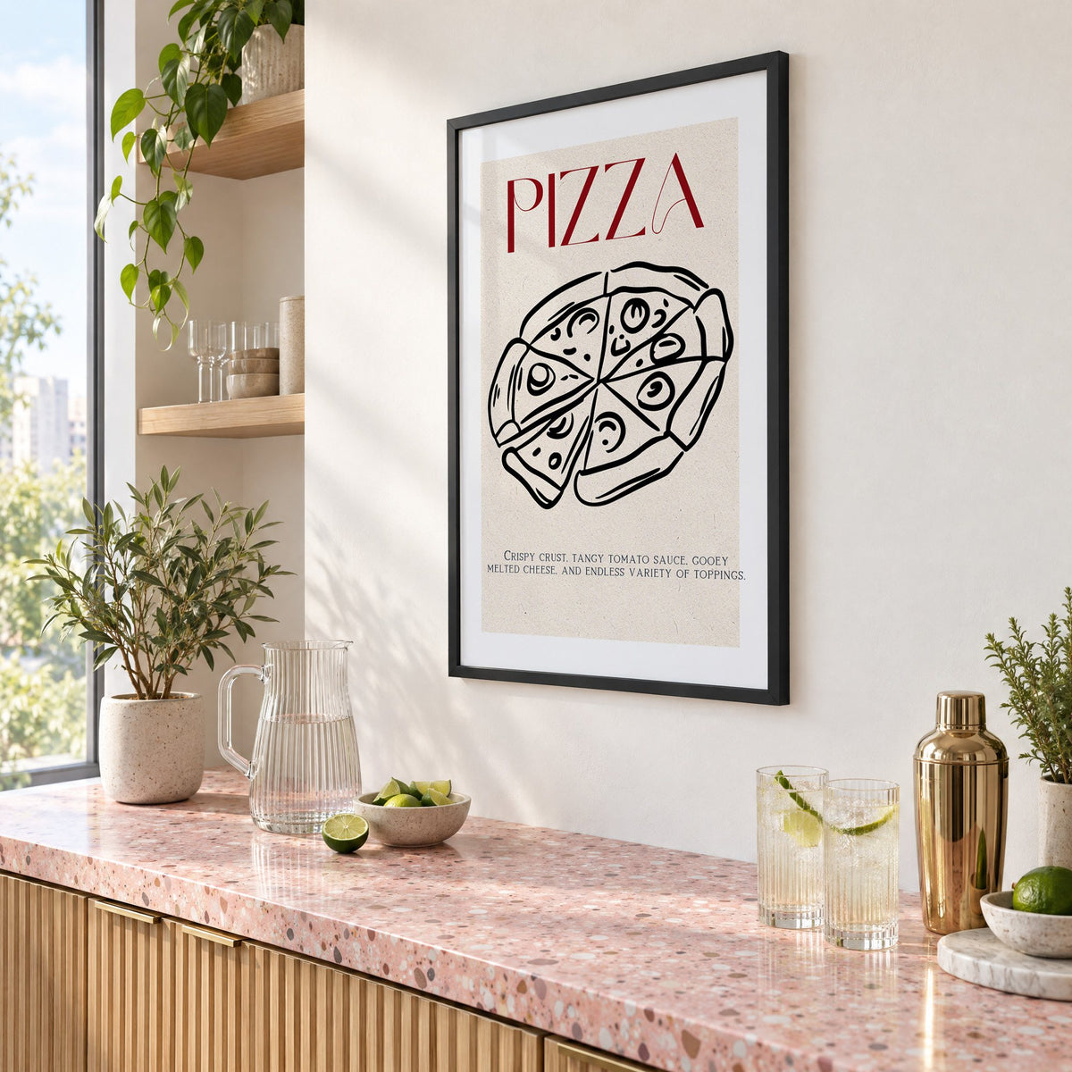 PIZZA red title line-art pizza print in a black frame above a pink terrazzo cocktail counter with limes, seen at an angle