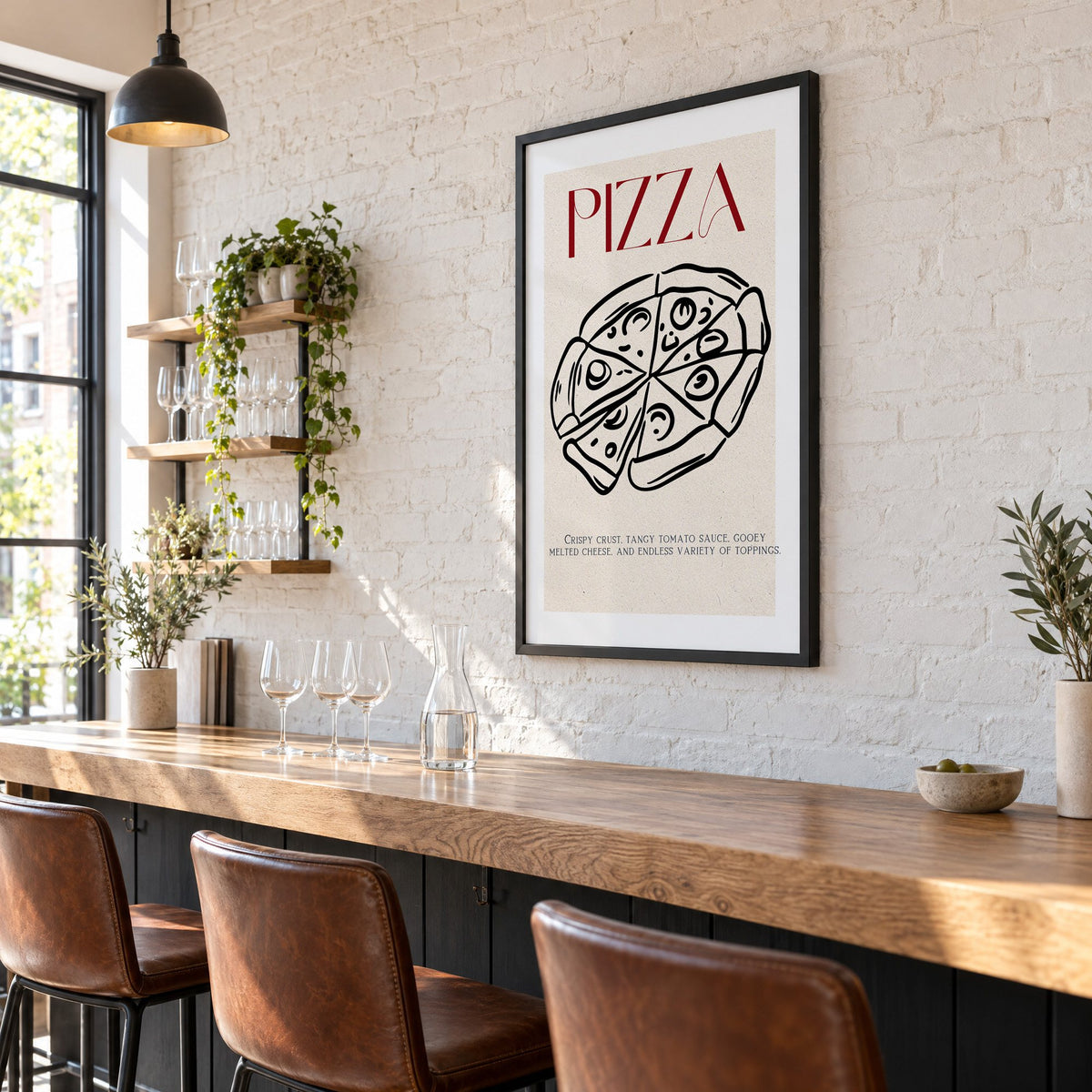 PIZZA red title line-art pizza print in a black frame on a white brick wall above a wine bar counter
