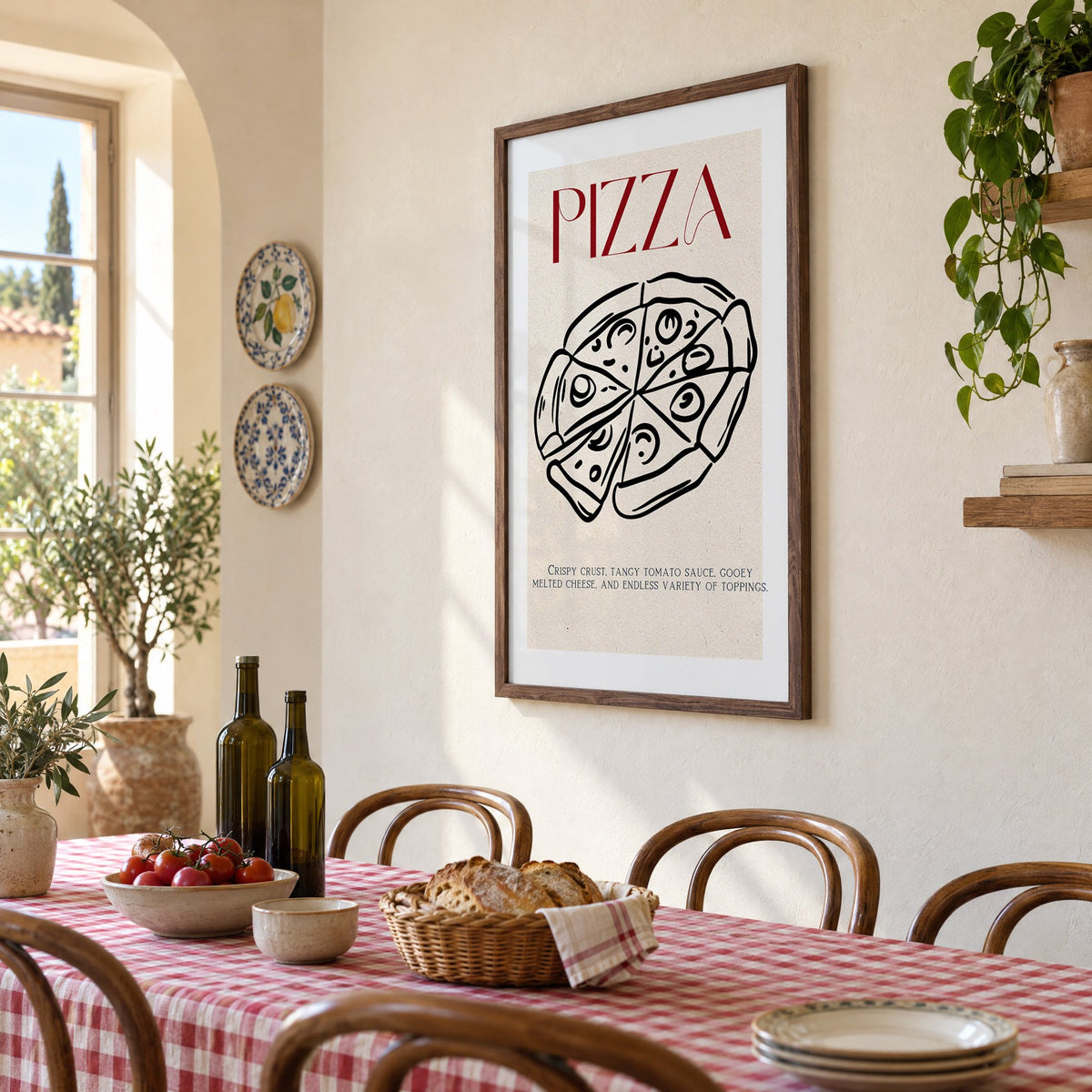 PIZZA red title line-art pizza print in a walnut frame above a gingham-covered trattoria table, seen at an angle