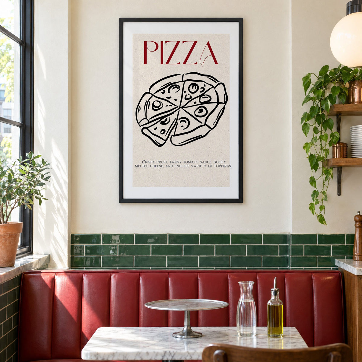 PIZZA red title line-art pizza print in a black frame above a red leather booth in a sunny pizzeria