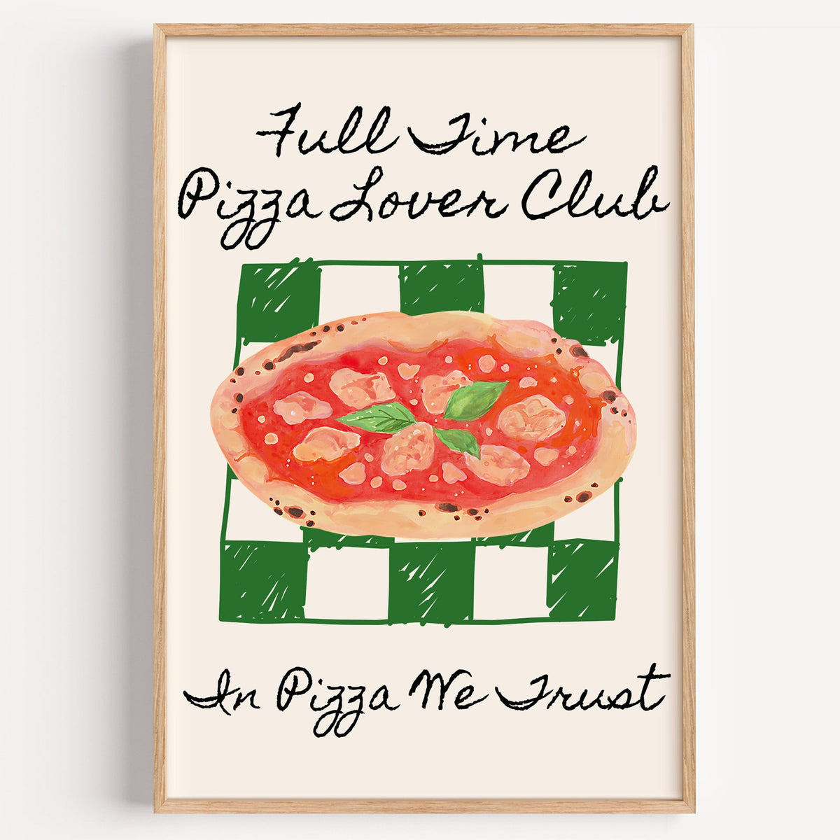 Pizza Lover Club green check print in a light oak frame on a plain white wall