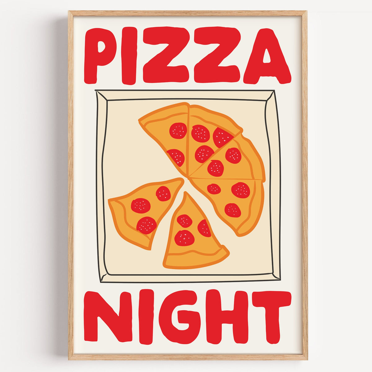 Pizza night pepperoni box print in a light oak frame on a plain white wall