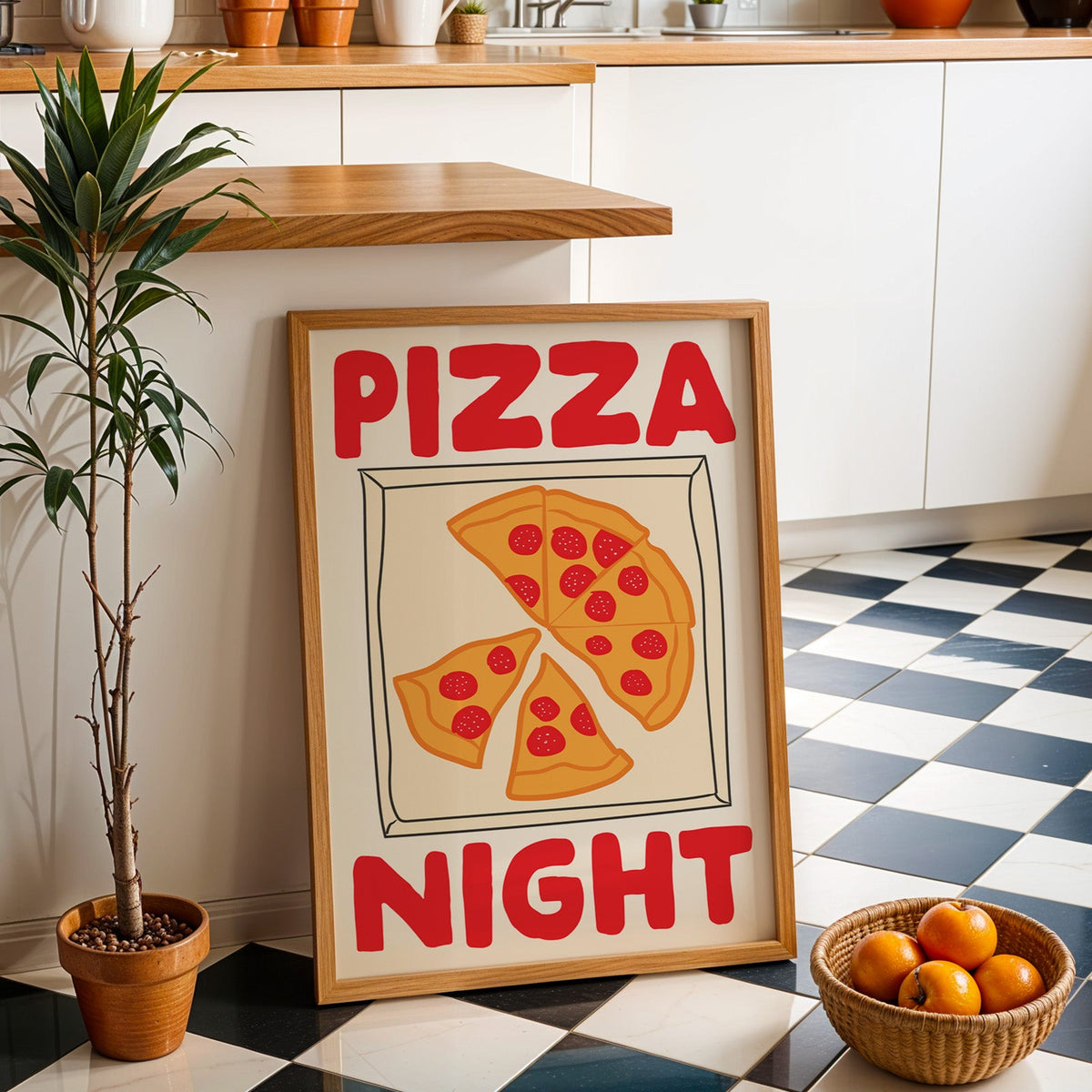 Pizza night pepperoni box print in an oak frame by a kitchen island and checkered floor