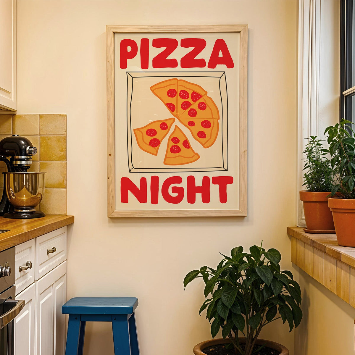 Pizza night pepperoni box print in a wood frame on a yellow tiled kitchen wall