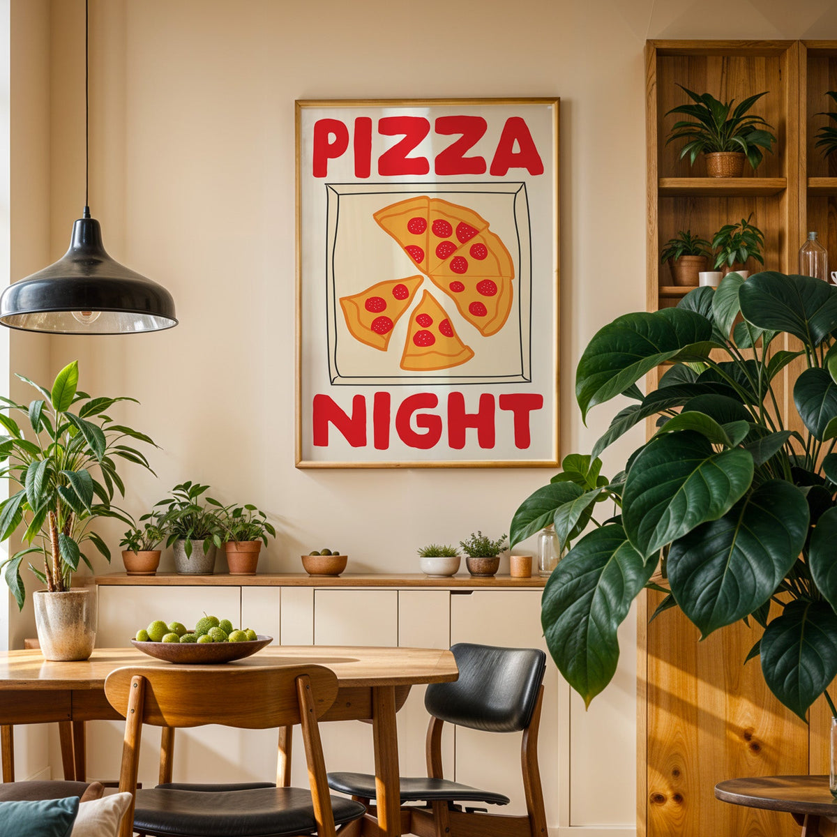 Pizza night pepperoni box print in an oak frame above a sideboard in a dining room