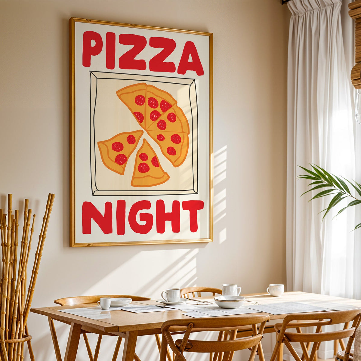 Pizza night pepperoni box print in a gold frame above a sunlit breakfast table