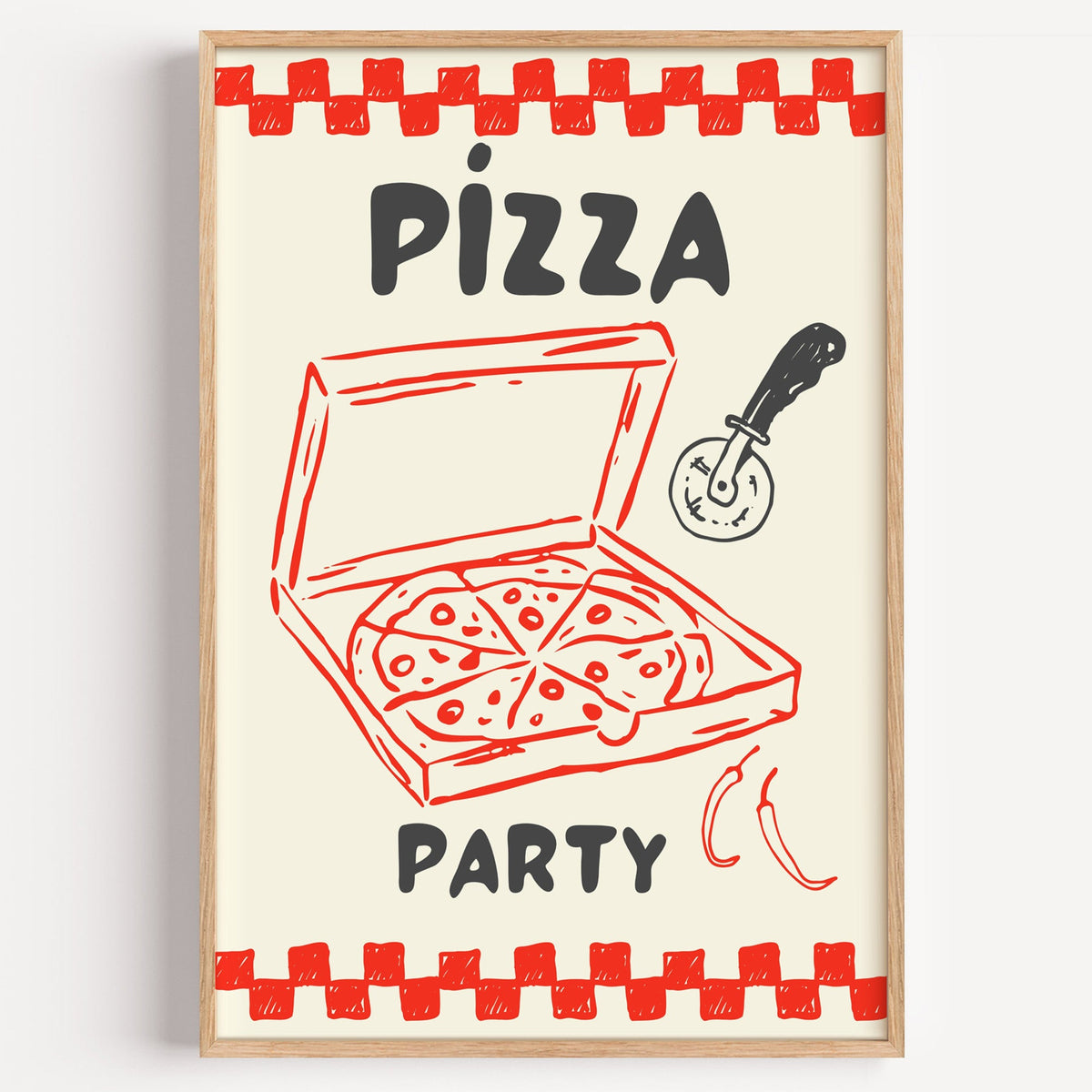 Pizza Party box print in a light oak frame on a plain white wall