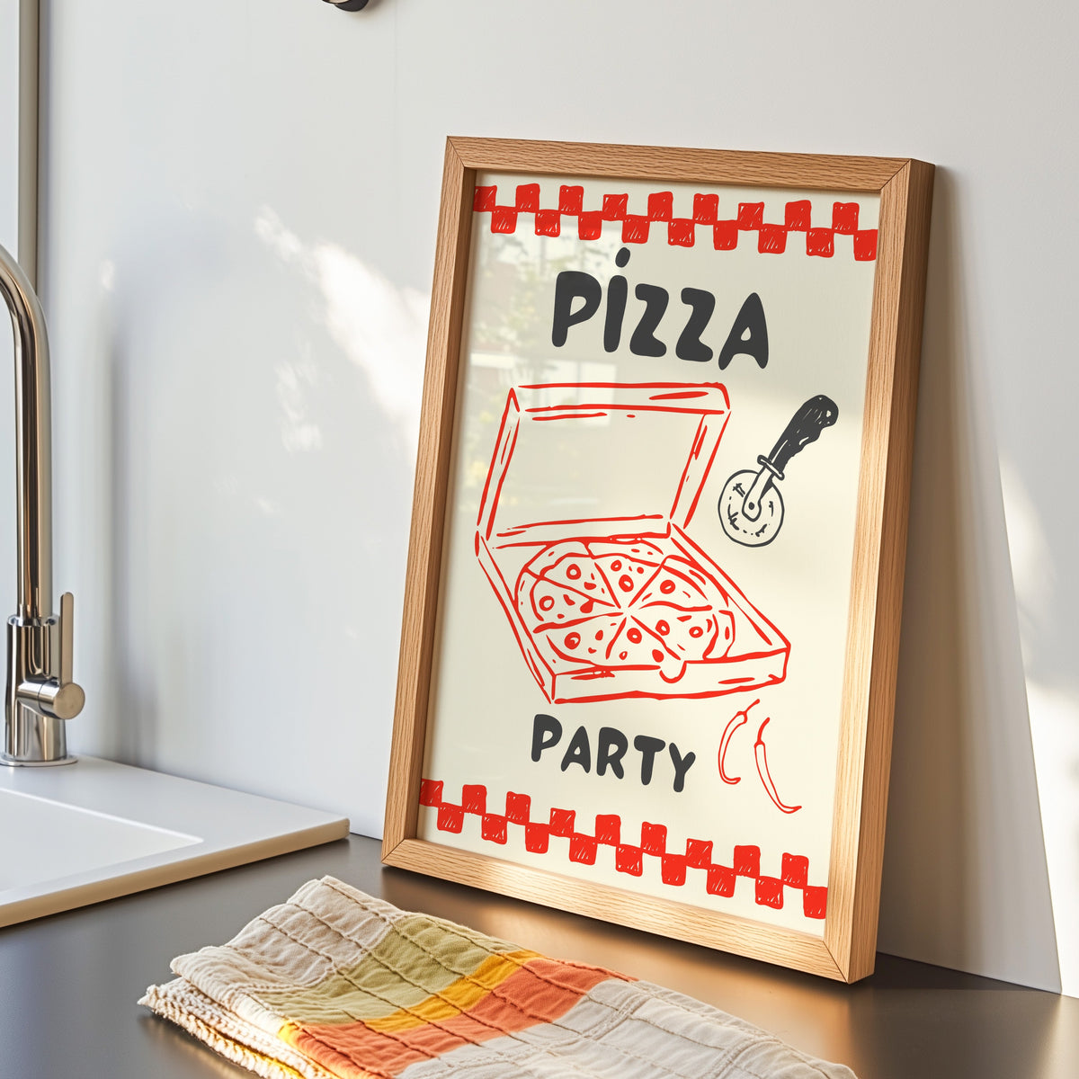Pizza Party print in an oak frame by the kitchen sink beside a striped tea towel