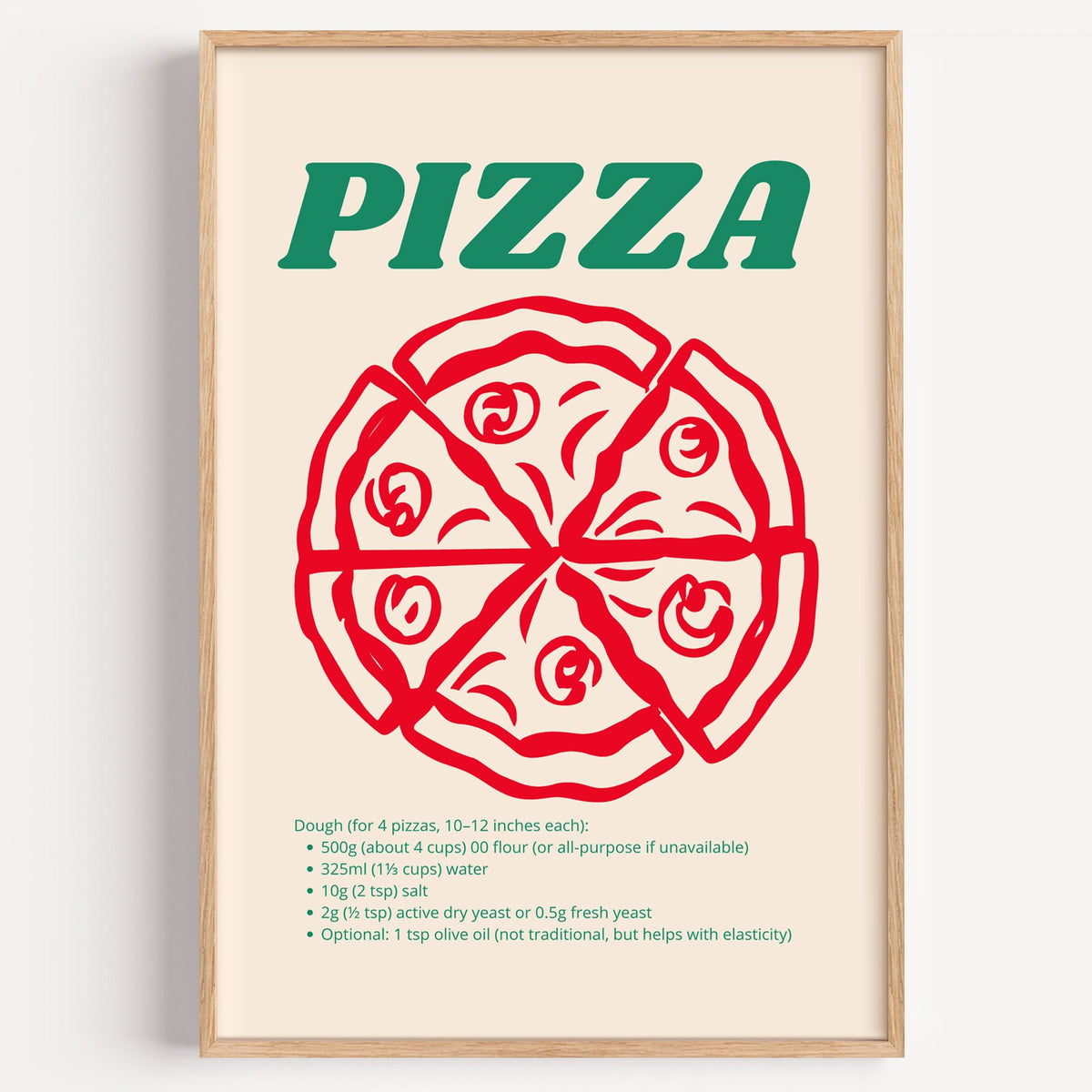 PIZZA dough recipe red line pizza print in a light oak frame on a plain white wall
