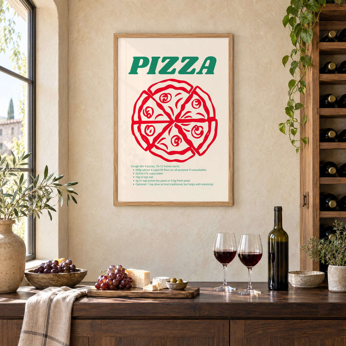 PIZZA dough recipe red line pizza print in an oak frame on a limewashed wall above a wine counter with red wine, cheese and grapes