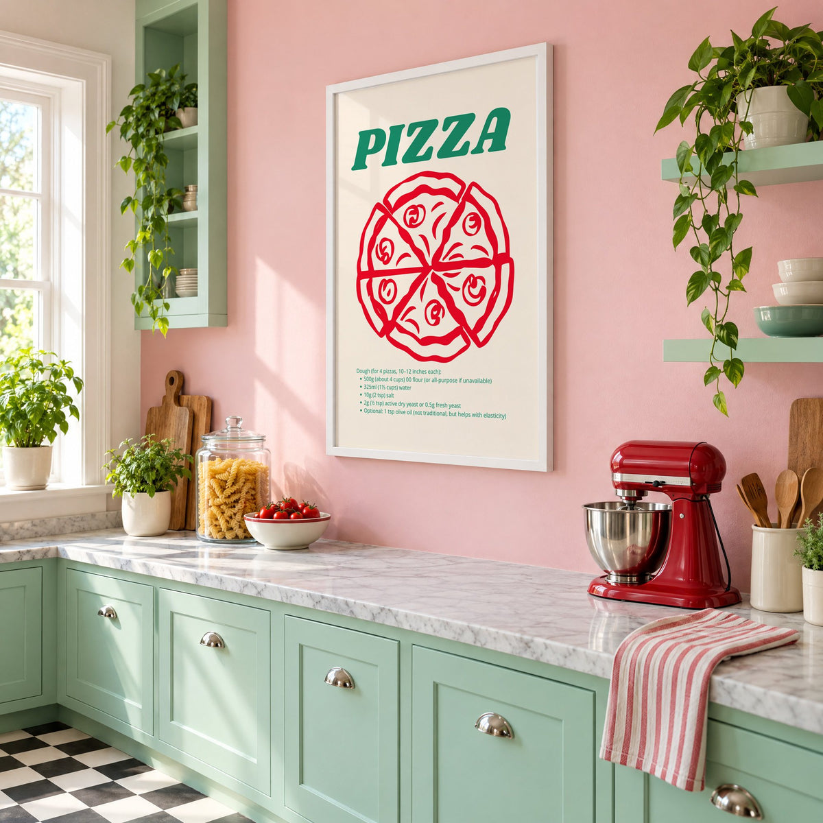 PIZZA dough recipe red line pizza print in a white frame on a pink wall above mint green cabinets in a retro kitchen, seen at an angle