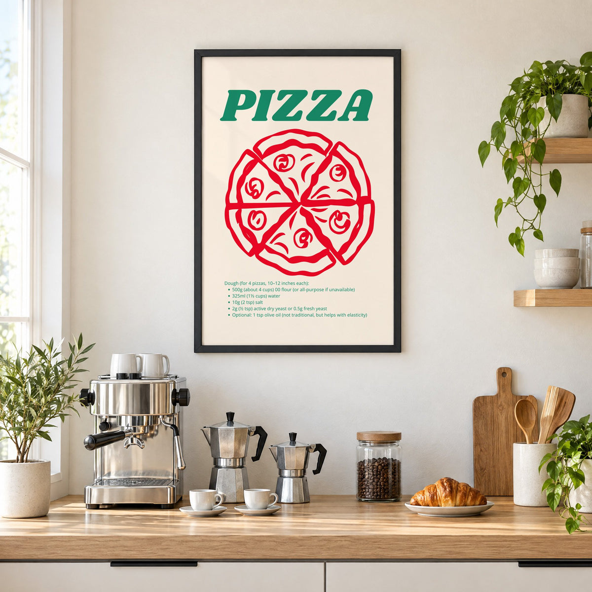 PIZZA dough recipe red line pizza print in a black frame above a home espresso bar with moka pots and espresso cups