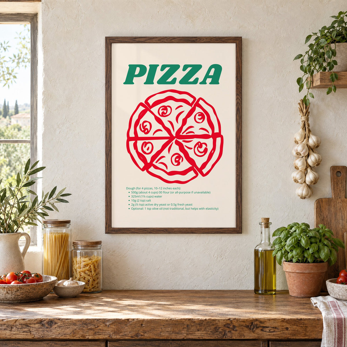 PIZZA dough recipe red line pizza print in a walnut frame above a rustic Italian pantry counter with pasta jars, garlic and tomatoes
