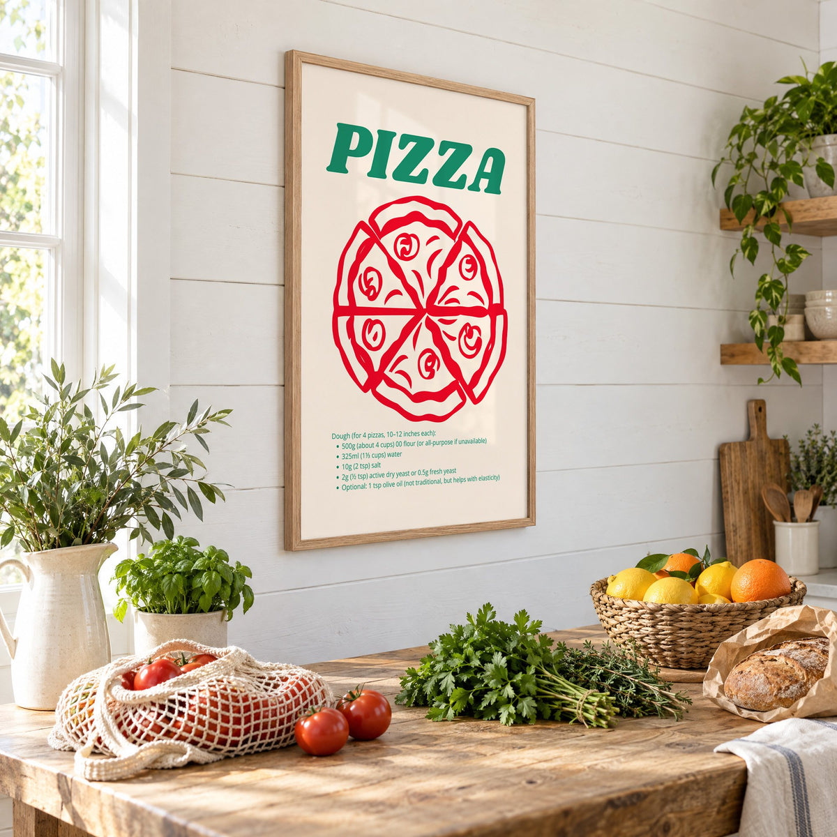 PIZZA dough recipe red line pizza print in an oak frame on a shiplap wall above a farm table with market tomatoes and citrus, seen at an angle