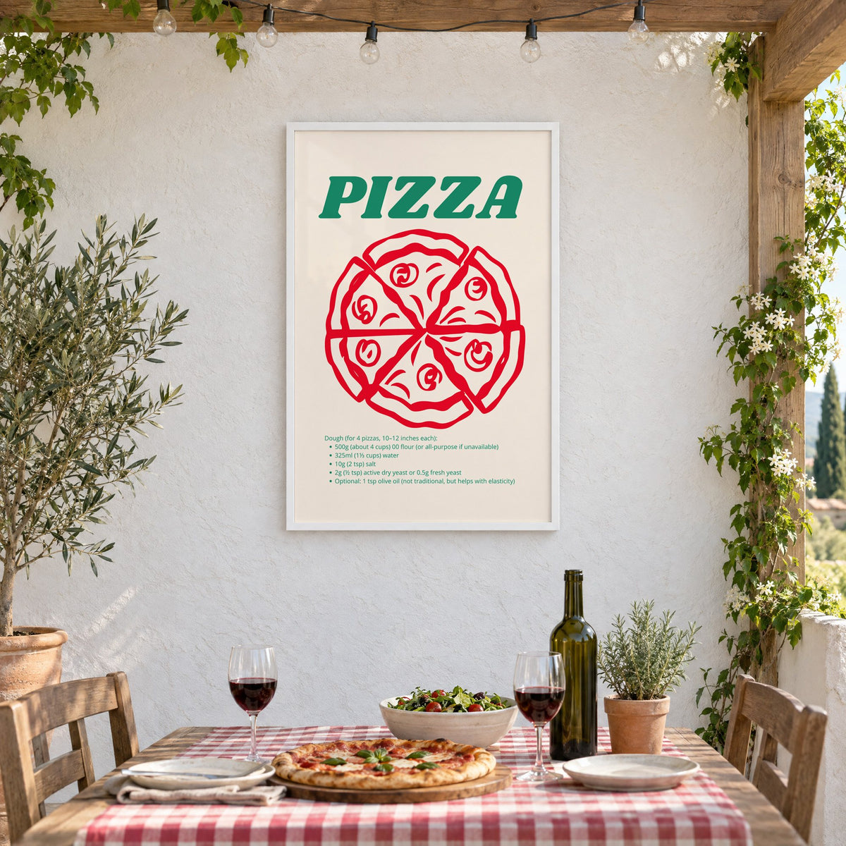 PIZZA dough recipe red line pizza print in a white frame on a stucco wall above a checked-cloth table with pizza and red wine
