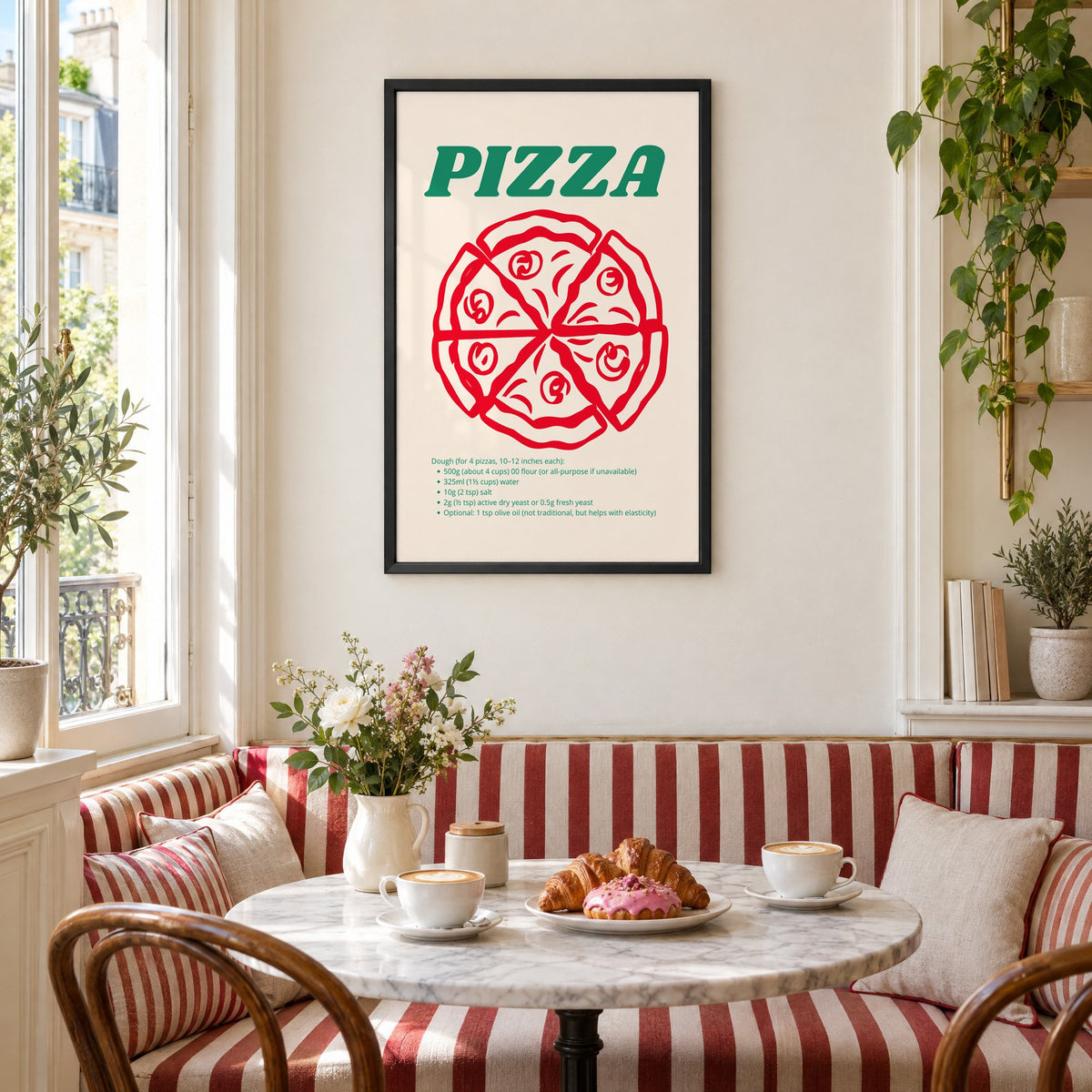 PIZZA dough recipe red line pizza print in a black frame above a striped cafe breakfast nook with cappuccino and pastries
