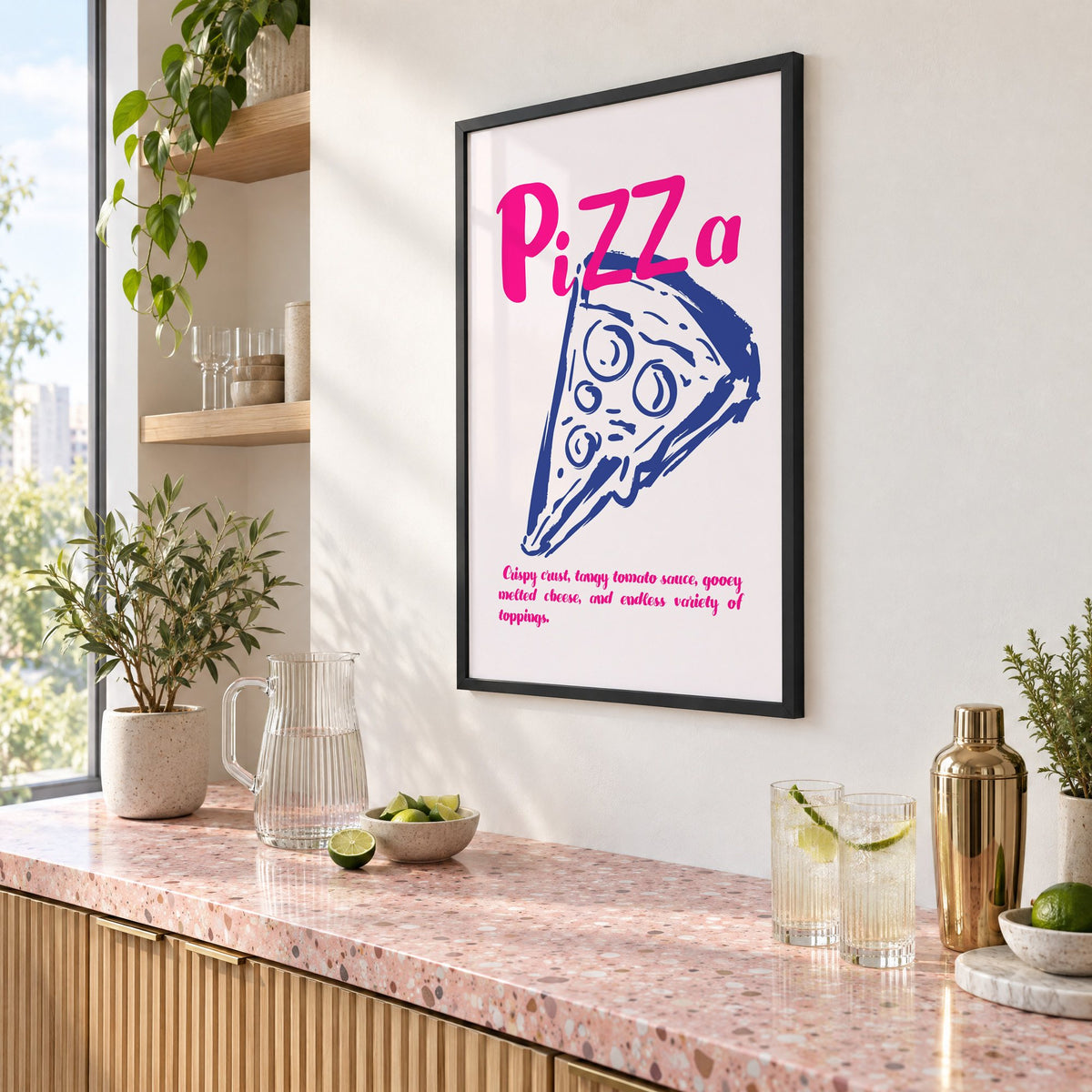 PiZZa pink script pizza slice print in a black frame above a pink terrazzo cocktail counter with limes, seen at an angle