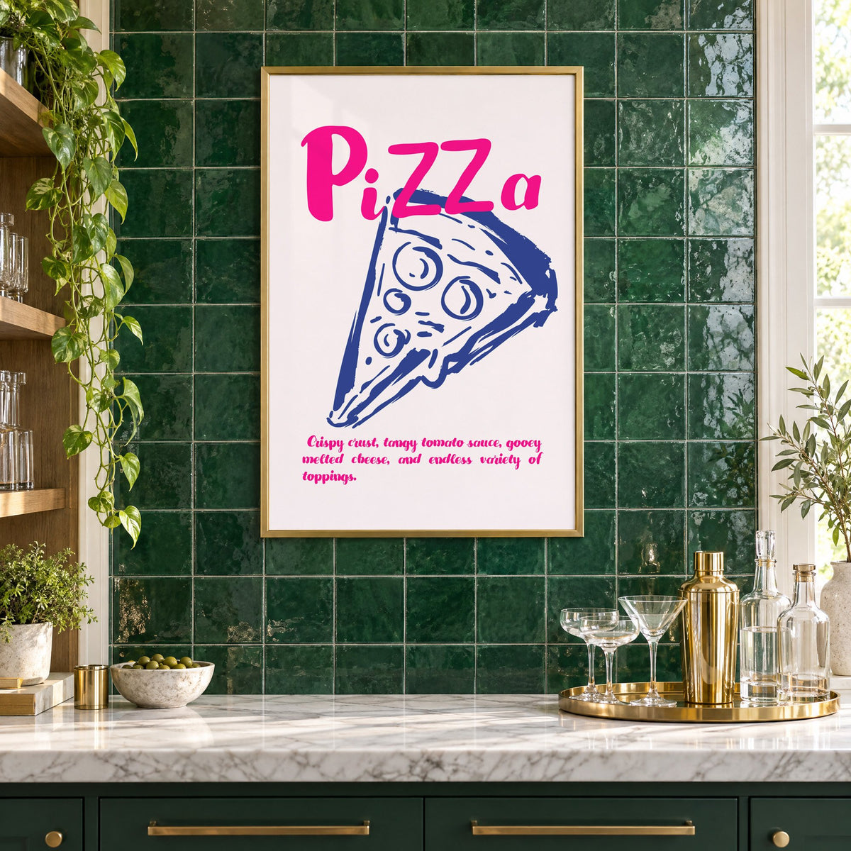 PiZZa pink script pizza slice print in a brass frame on emerald green tiles above a home bar with coupe glasses