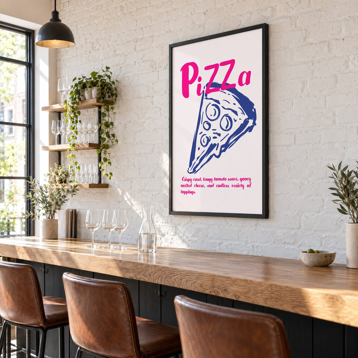PiZZa pink script pizza slice print in a black frame on a white brick wall above a wine bar counter