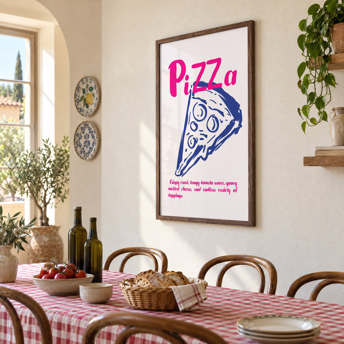 PiZZa pink script pizza slice print in a walnut frame above a gingham-covered trattoria table, seen at an angle