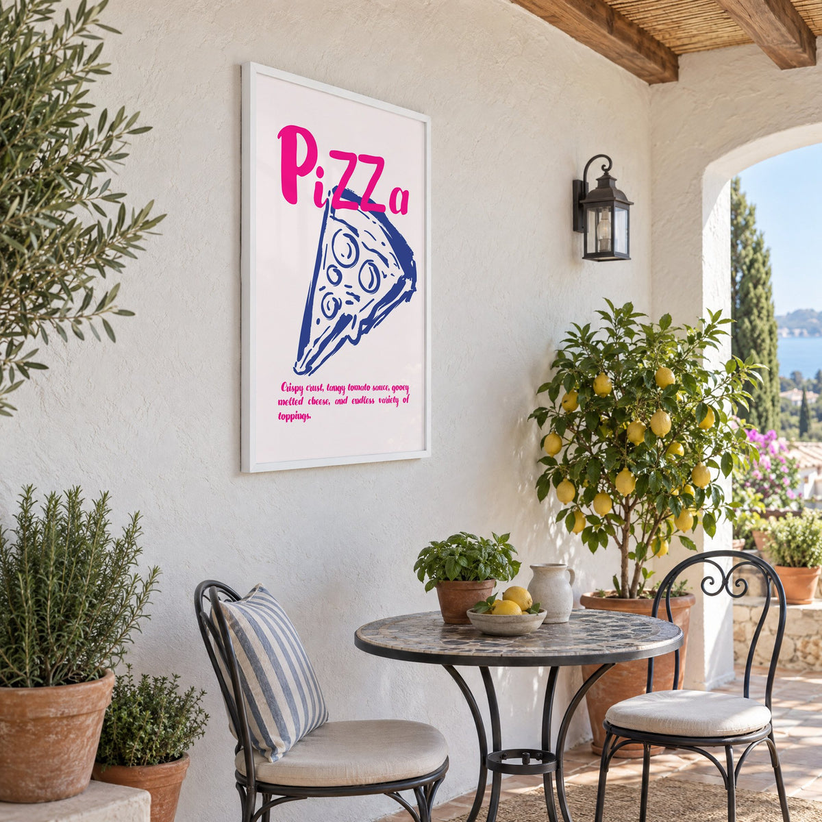 PiZZa pink script pizza slice print in a white frame on a sunny patio wall beside a potted lemon tree