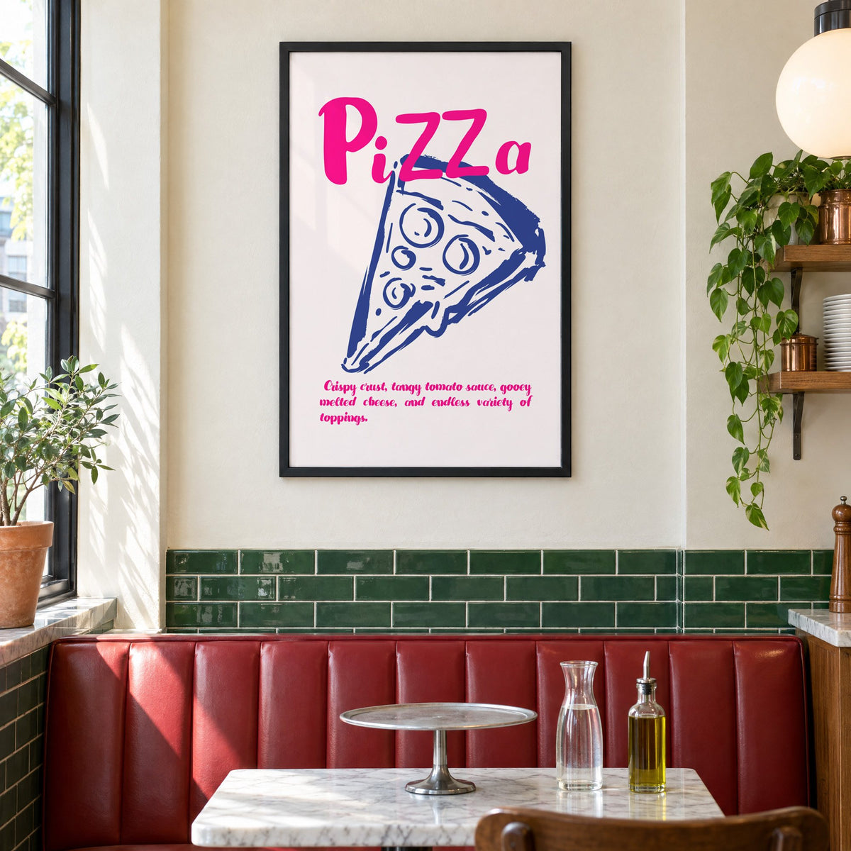 PiZZa pink script pizza slice print in a black frame above a red leather booth in a sunny pizzeria