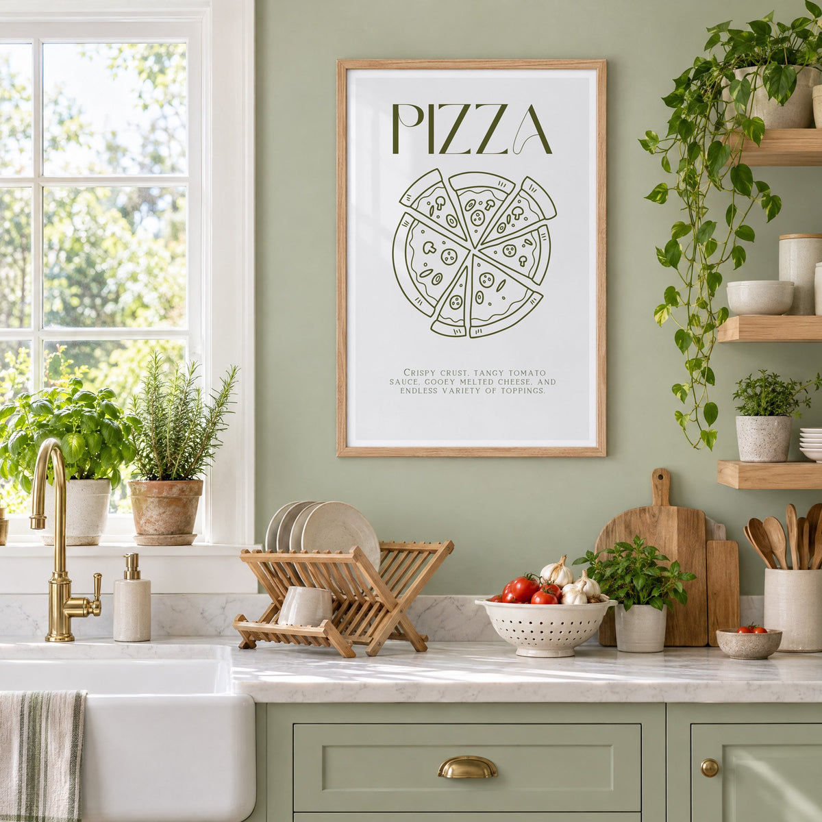 PIZZA olive line art print in an oak frame on a sage green kitchen wall beside a farmhouse sink and herbs