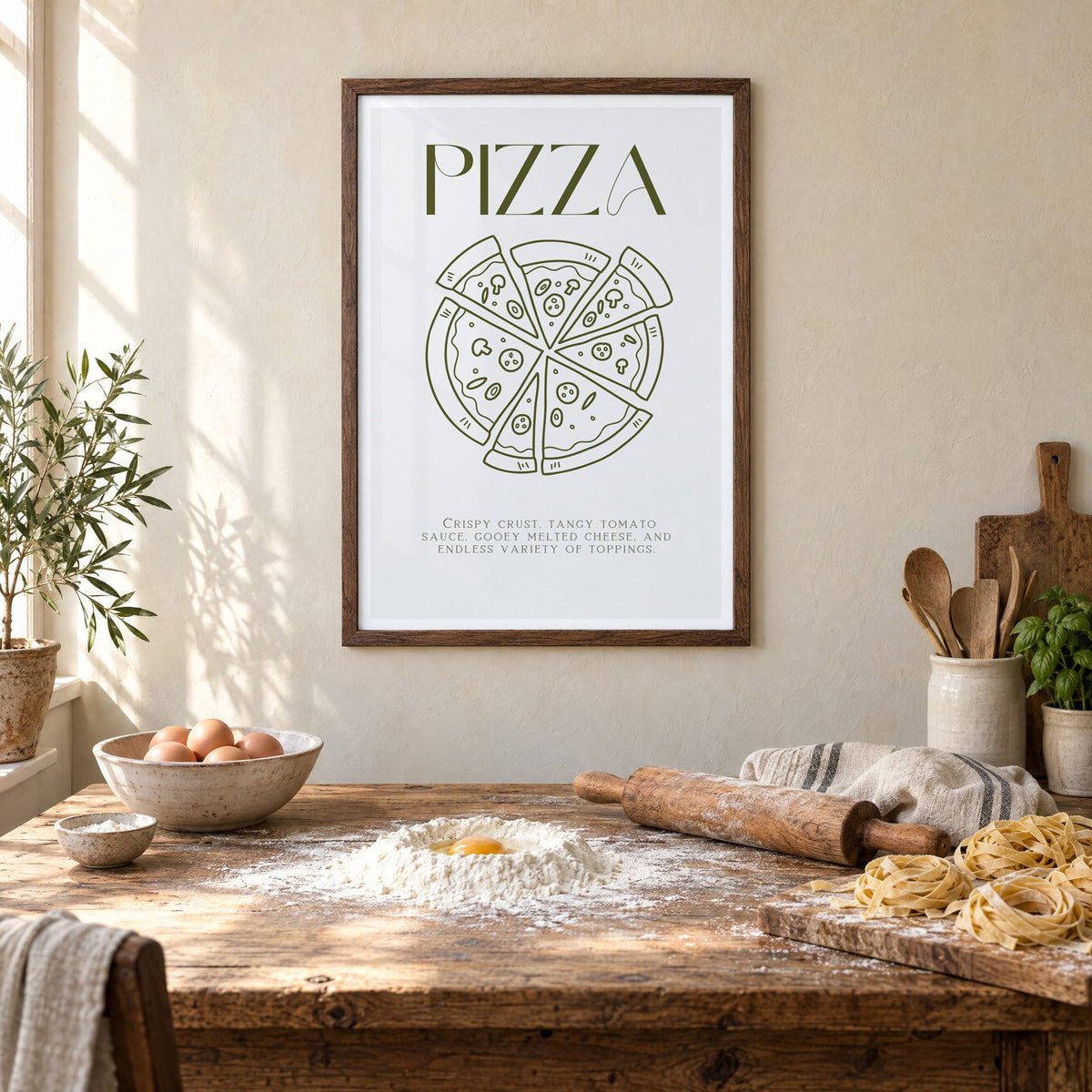 PIZZA olive line art print in a walnut frame above a rustic table set for making fresh pasta