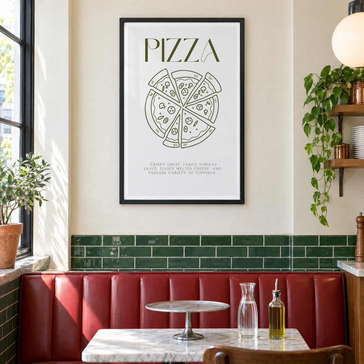 PIZZA olive line art print in a black frame above a red leather booth in a sunny pizzeria