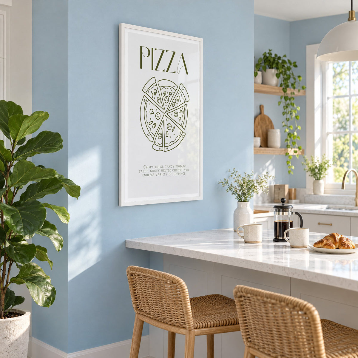 PIZZA olive line art print in a white frame on a pale blue wall above a breakfast bar with rattan stools