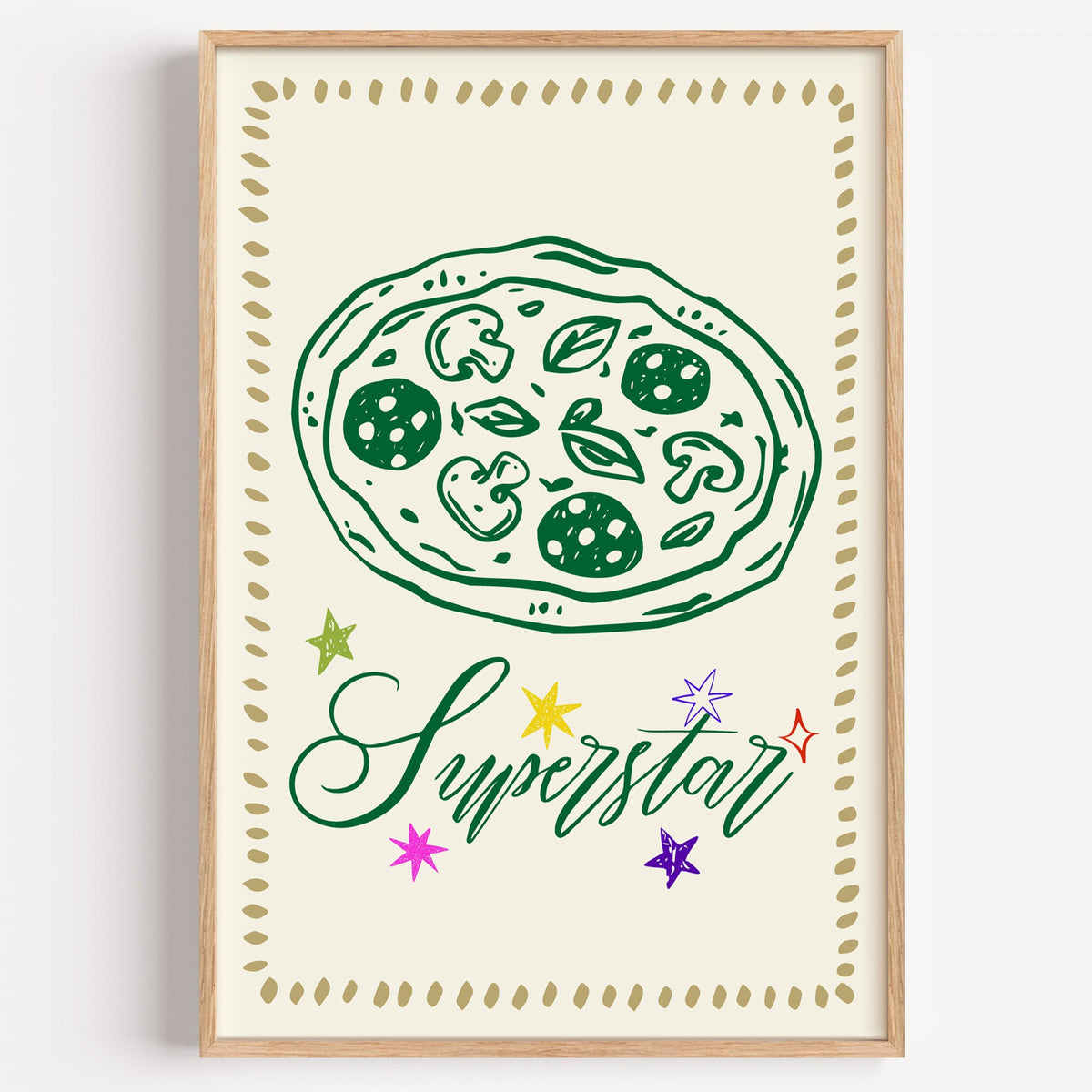 Superstar green pizza and stars print in a light oak frame on a plain white wall