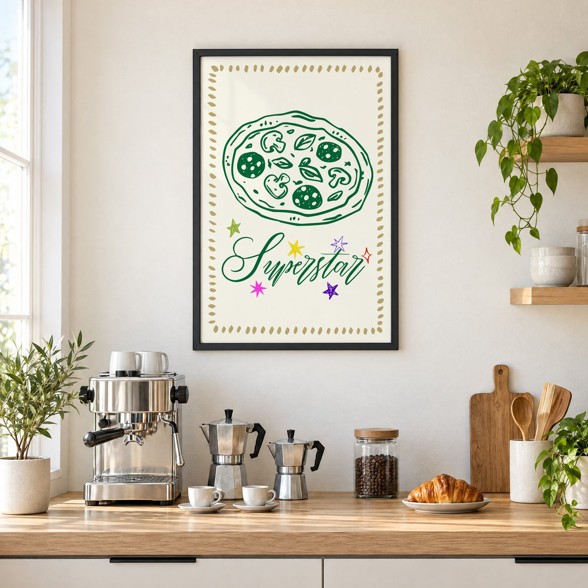 Superstar green pizza and stars print in a black frame above a home espresso bar with moka pots and espresso cups