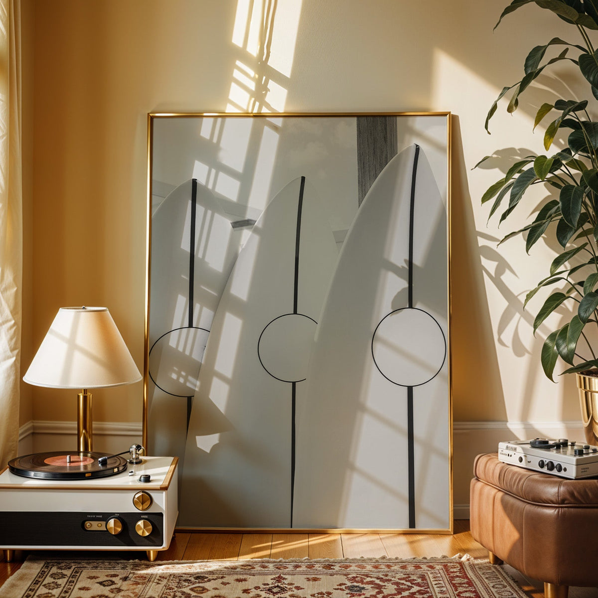 Three white surfboards with black stripes print shown in a gold frame beside a record player and table lamp