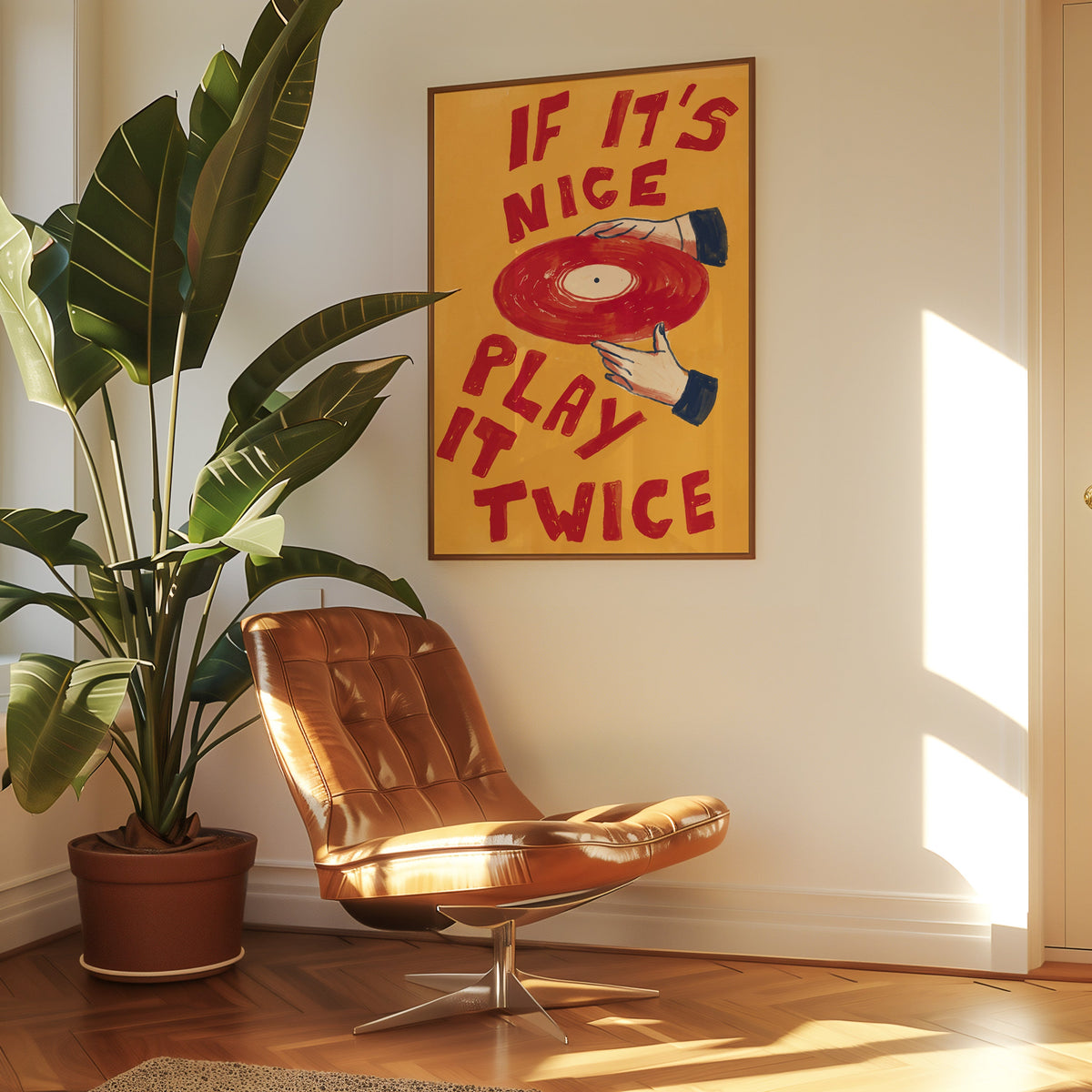 Vinyl record typography print in a slim walnut frame above a tan leather lounge chair