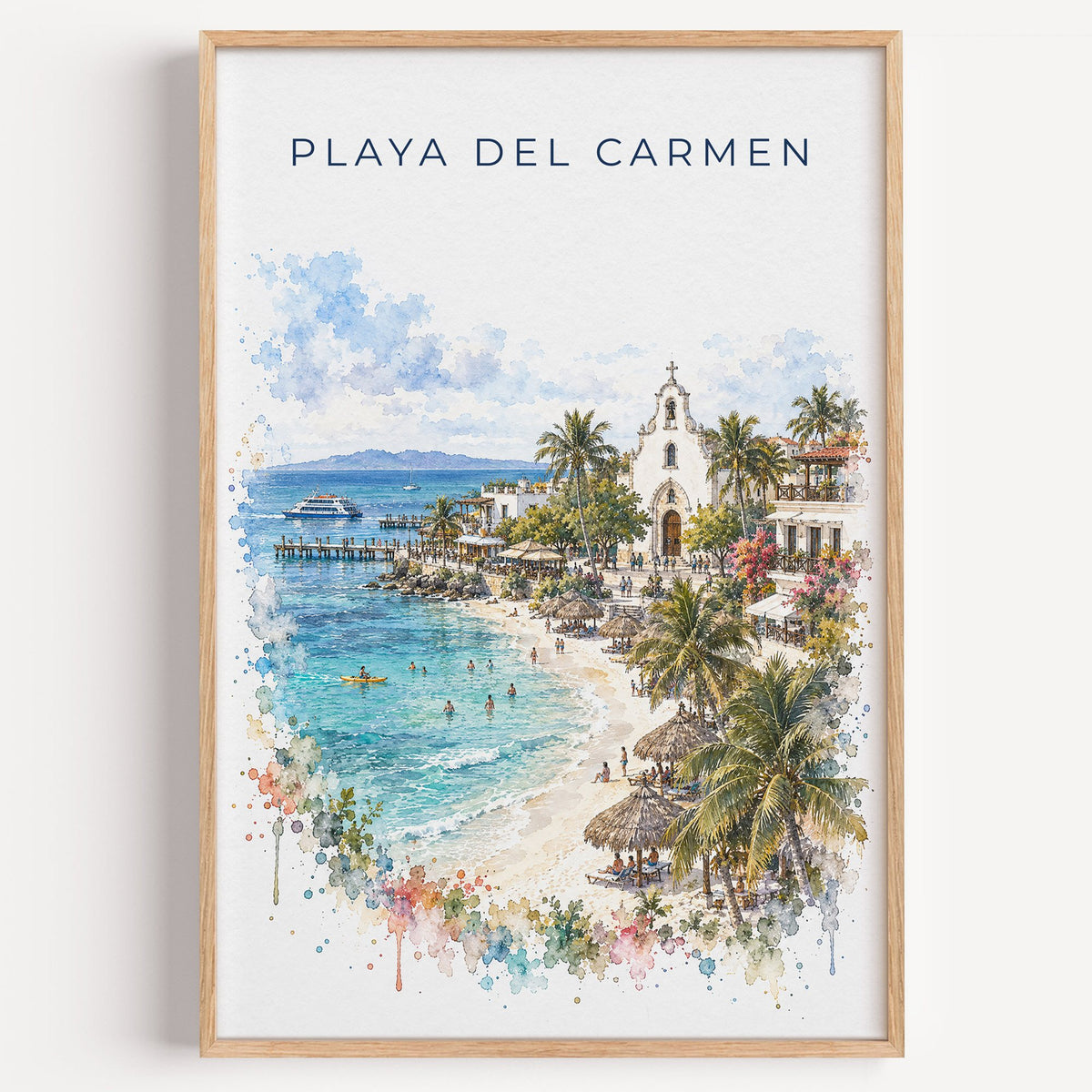 Playa del Carmen watercolor print in a light oak frame on a plain white wall
