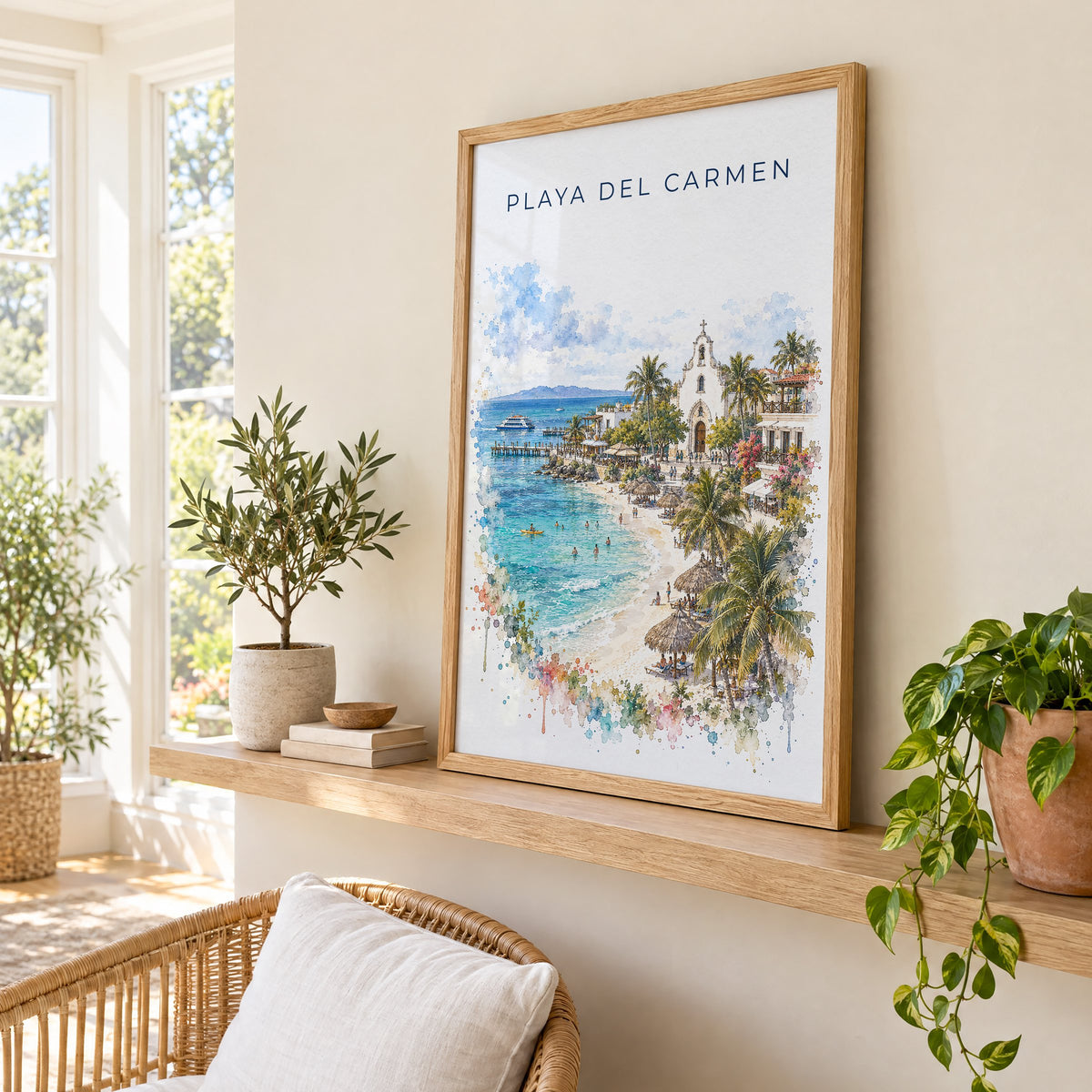 Playa del Carmen watercolor print in an oak frame on a picture ledge in a sunlit sunroom