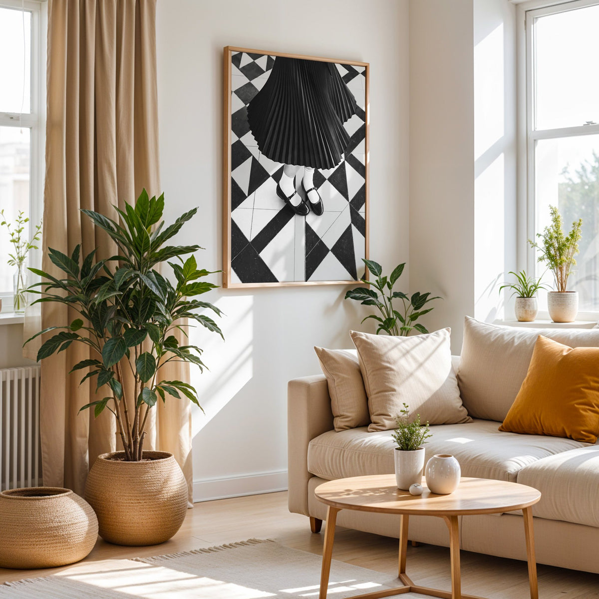 Pleated skirt and strap shoes on geometric tile print in an oak frame above a cream sofa beside woven planters
