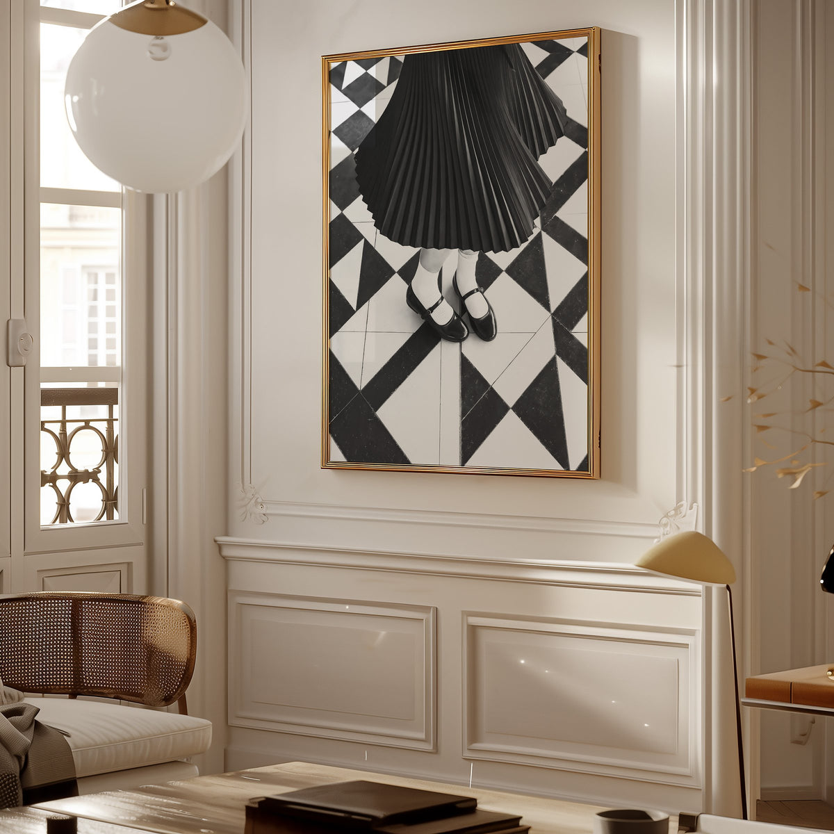 Pleated skirt and strap shoes on geometric tile print shown in a gold frame in a Parisian paneled living room