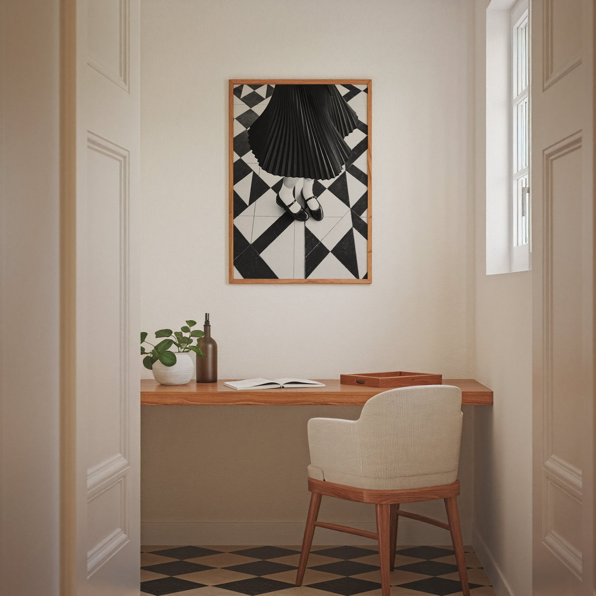 Pleated skirt and strap shoes on geometric tile print in an oak frame above a home office desk nook