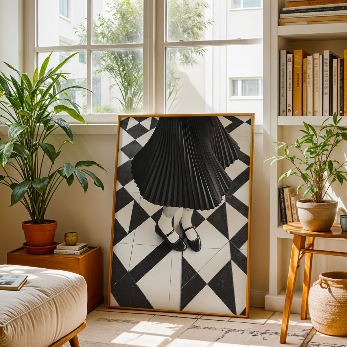 Pleated skirt and strap shoes on geometric tile print shown in a brass frame leaning on a sunlit living room floor