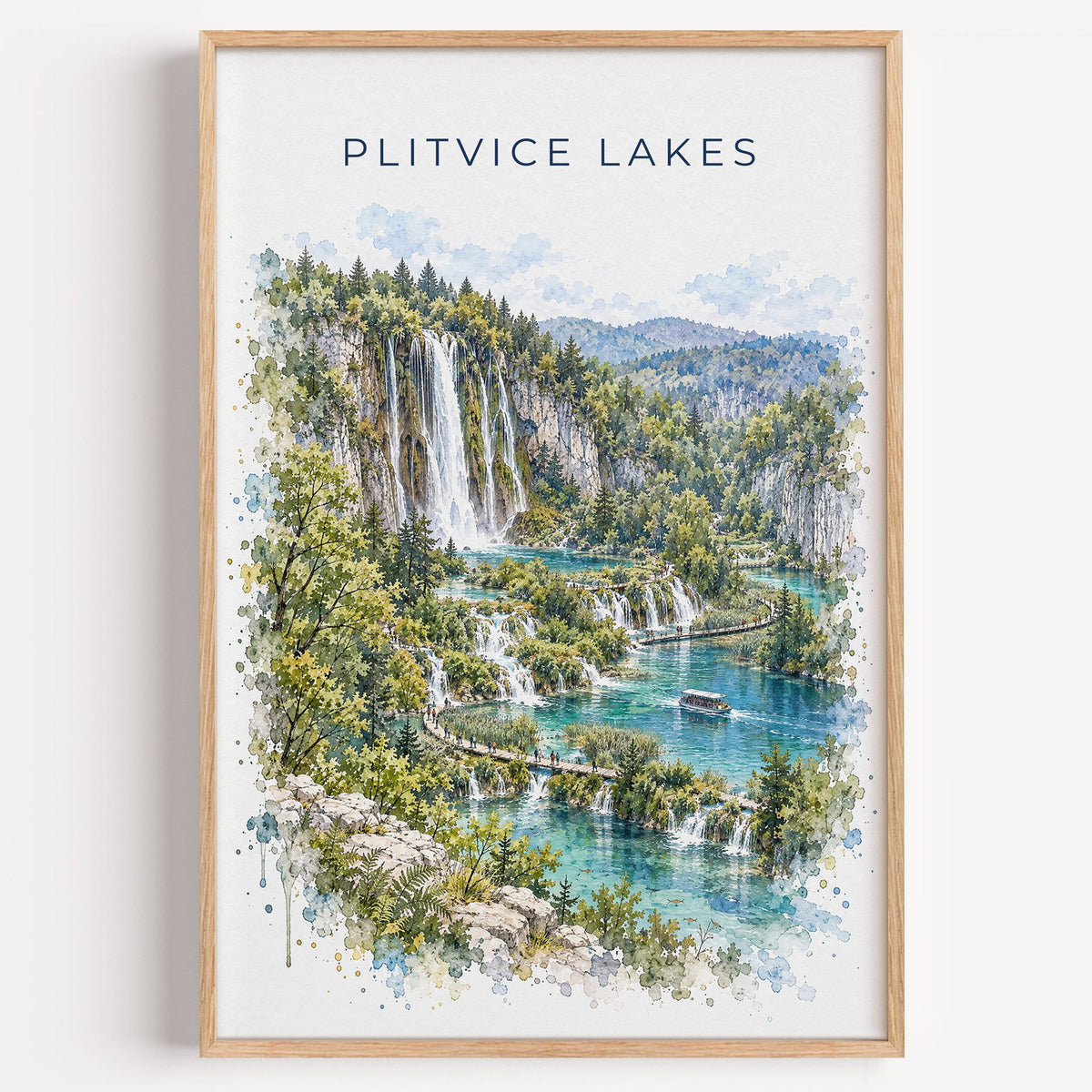 Plitvice Lakes watercolor print in a light oak frame on a plain white wall